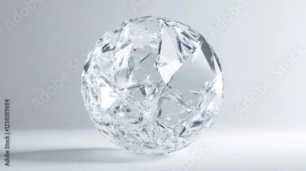 Obraz A shattered crystal sphere with sharp fragments floating in mid-air, creating a captivating visual of fragility and elegance against a soft light grey background.