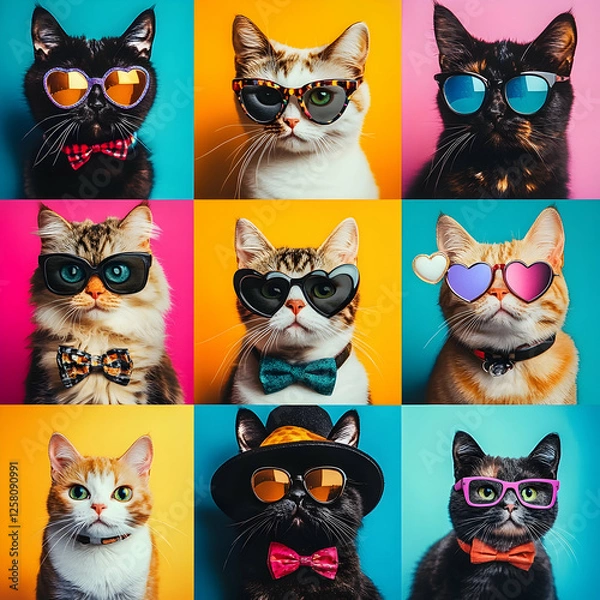 Obraz Funny Cat Meme Collage with Accessories, colorful vibrant image grid collection