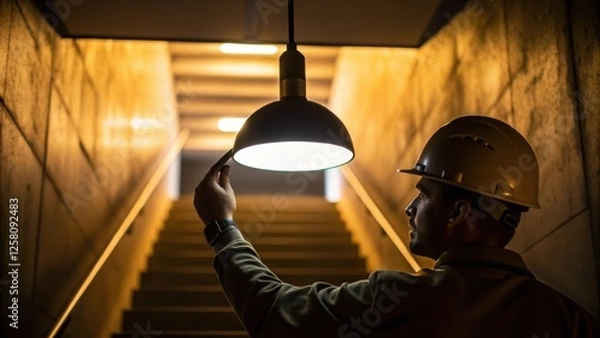 Obraz A medium closeup of a worker examining a sleek energyefficient pendant light the warm glow illuminating the surrounding stairwell walls.