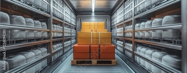 Fototapeta Efficient Cold Storage Warehouse with Packed Boxes and Organized Shelving Units
