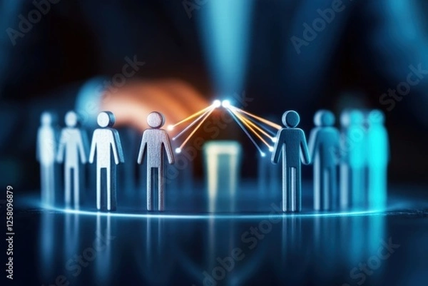 Fototapeta Abstract representation of teamwork and collaboration with human figures connected through light beams, illustrating synergy and unity in a professional environment
