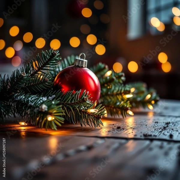 Fototapeta Festive christmas scene with a shiny red ornament and pine branches on rustic wooden surface illuminated by warm glowing lights creating a cozy atmosphere Bokeh light lights background bokeh abst