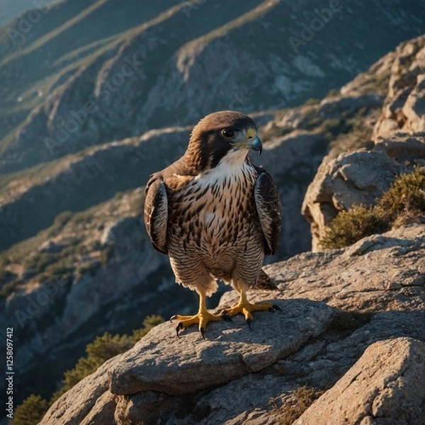 Fototapeta A lone falcon standing on the edge of a rocky cliff.