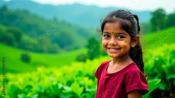 Obraz Sri lankan little smiling girl with tea plantations in the background