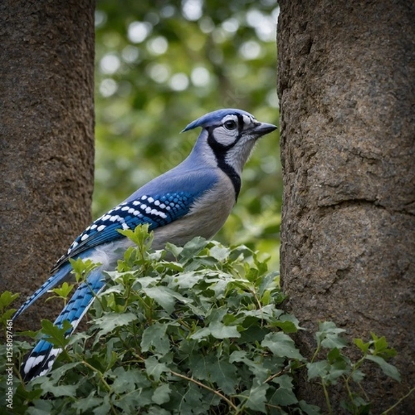 Fototapeta A flock oA blue jay peeking out from behind tree leaves.f birds resting on an abandoned fortress wall.