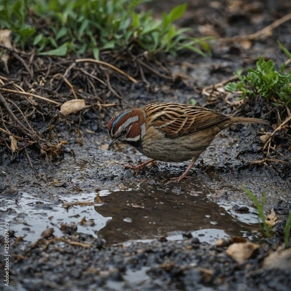 Fototapeta A sparrow playing in a puddle near a tree’s roots.