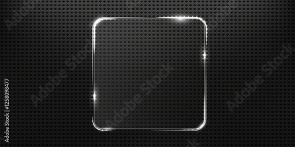 Fototapeta Neon glass square frame with glow and sparkle effect.  Glass banner realistic with neon frame. Glass or mirror with lighting	
