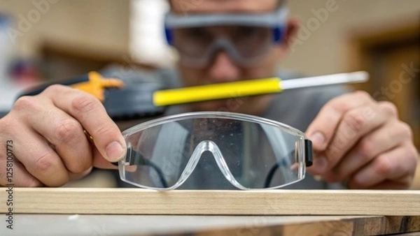 Fototapeta Hands described in closeup gripping a safety goggles while a person uses a ter to shape a mirror destined for a tight corner installation.