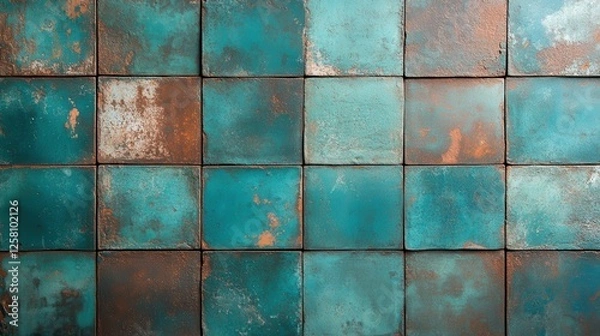 Fototapeta This image showcases a textured arrangement of turquoise tiles, reflecting an artistic touch with a rustic ambiance that would enhance any interior decor.