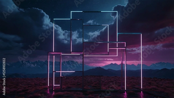 Fototapeta Mystical Night Scene – Glowing Neon Square with Stormy Clouds & Peaks