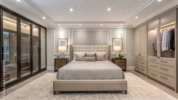 Fototapeta A beautifully renovated master bedroom with soft neutral tones highlighting a plush kingsized bed and a seamless transition to a wellorganized walkin closet adorned with fresh