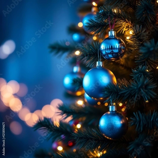 Fototapeta Christmas tree with ornaments in blue and bokeh lights defucused holiday christmas background Bokeh light lights background bokeh abstract light bright effect shiny