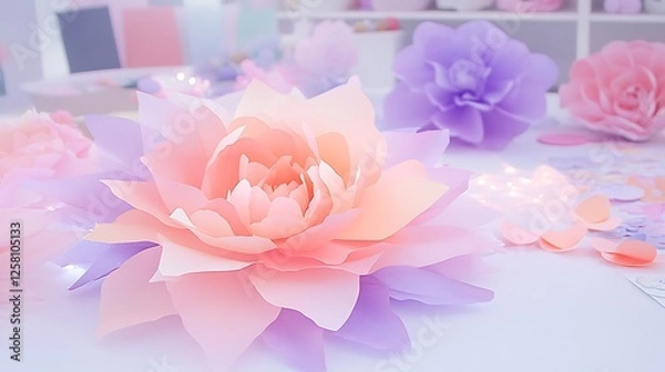 Fototapeta Ethereal Paper Flower Garden of Pastel Dreams Peach and Lavender Harmony Art Craft Creation