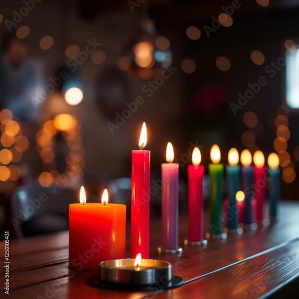 Fototapeta Colorful candles lit on a wooden table with blurred lights in the background Bokeh light lights background bokeh abstract light bright effect shiny