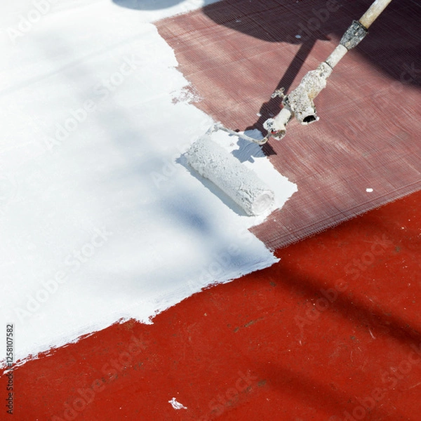 Obraz Pittura impermeabilizzante applicata a rullo per impermeabilizzare la terrazza di casa. Applicazione di pittura bianca sul tetto per contrastare il caldo estivo dovuto ai cambiamenti climatici.