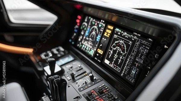 Fototapeta Modern airplane cockpit control panel with digital flight instruments and navigation displays.