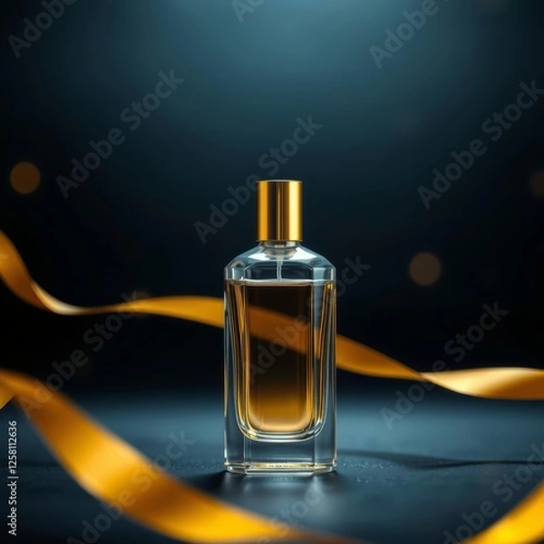 Fototapeta A glass bottle of perfume with a gold top sits on a dark background with a flowing abstract golden ribbon Bokeh light lights background bokeh abstract light bright effect shiny
