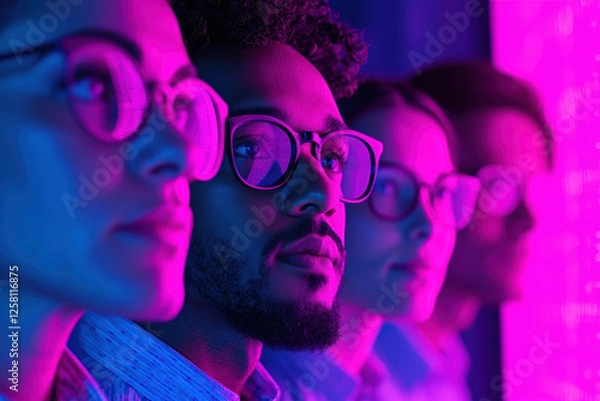Obraz Close-up of diverse individuals wearing glasses, showcasing thoughtful expressions in vibrant, colorful lighting.