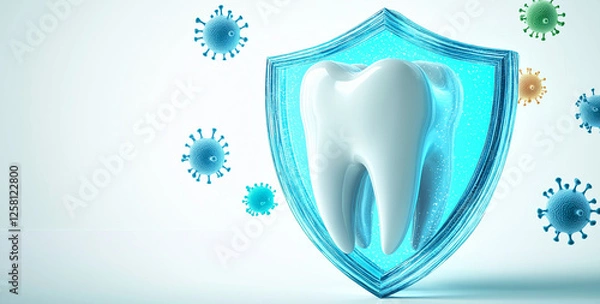 Fototapeta Healthy white tooth is protected by glowing blue shield, surrounded by floating bacteria and viruses, symbolizing strong dental health and protection against infections