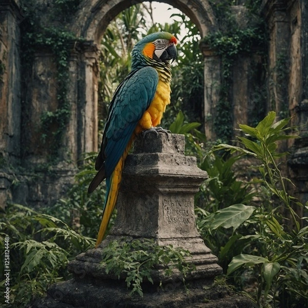 Fototapeta A parrot sitting on a statue in an overgrown ruin.