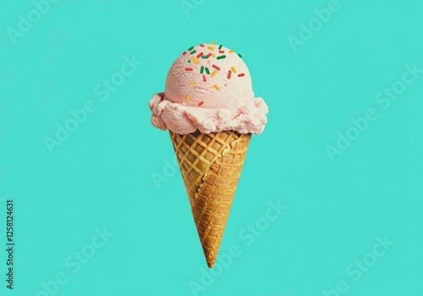 Fototapeta Pink ice cream cone with sprinkles on a teal background.