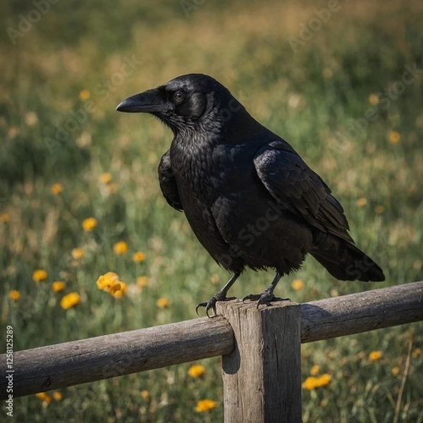 Fototapeta A crow sitting on a fencepost, staring into the distance.