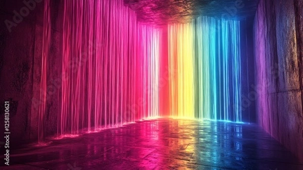 Fototapeta A vibrant waterfall cascading down from a floating island, glowing in rainbow colors