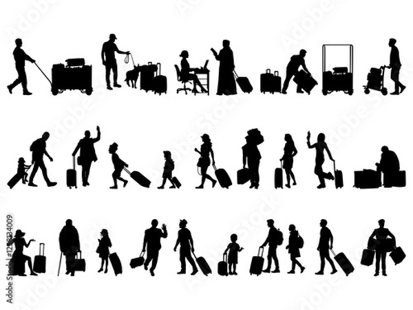 Fototapeta Set of People at Airport Silhouette in various poses isolated on white background