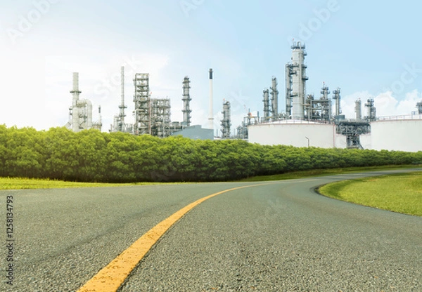 Obraz Asphalt road and Oil refinery plant with lush green trees and blue sky, large Oil and gas petrochemical industrial, Refinery factory oil storage tank and pipeline, Ecosystem and good environment.
