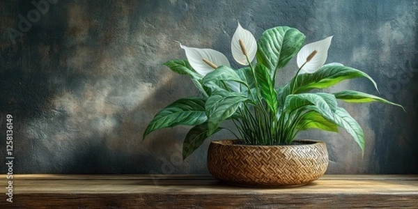 Fototapeta Serene Peace Lily in Woven Pot on Rustic Wooden Shelf
