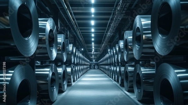 Fototapeta A dynamic 4K wide-angle shot capturing an endless row of cold-rolled steel coils stored in a well-maintained industrial storage facility.