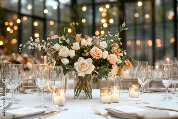 Fototapeta Elegant floral centerpiece on a beautifully set dining table at a wedding reception in a glass-enclosed venue during the evening