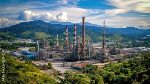 Fototapeta A high-resolution 4K panoramic shot showcasing an oil refinery with a clean and organized structure, blending harmoniously with surrounding nature.