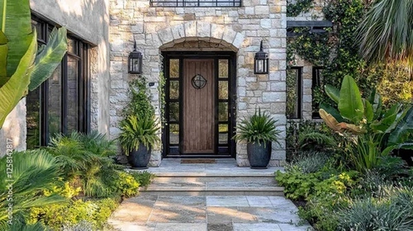 Fototapeta Entrance to the House with Welcoming Architecture: Beautifully Designed Front Door and Surrounding Landscaping Offering an Inviting Atmosphere