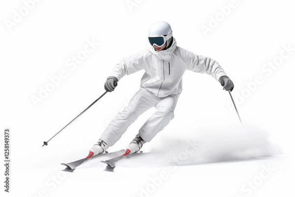 Fototapeta Professional skier wearing white ski suit, helmet and goggles, skiing downhill at high speed on white background, generating snow powder cloud