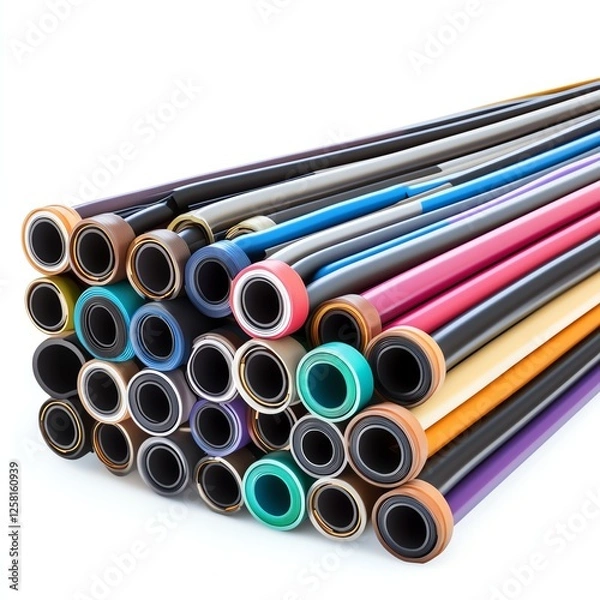 Obraz Colorful rolls of creative materials stacked together, white isolate background