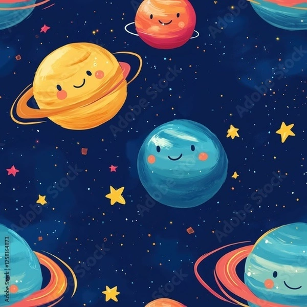 Fototapeta Adorable space pattern with smiling planets