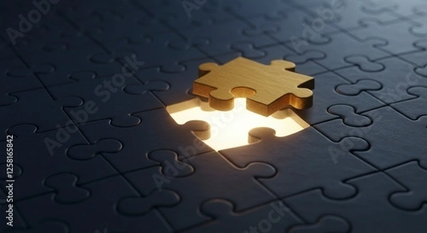 Fototapeta Completing Puzzle with Golden Piece to Brighten Dark Solution Concept