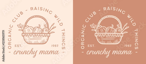 Fototapeta Crunchy mama mom organic club homestead funny quotes mother's day homemaker tradwife sahm raising wild things shirt design. Retro vintage cottagecore beige aesthetic eco friendly vegetarian card gift.