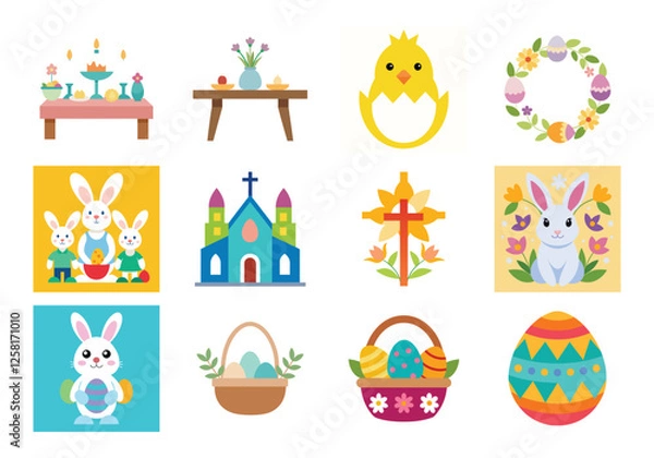 Obraz Set of Easter design elements. Easter Sunday Eggs, chicken, butterfly, rabbit, tulips bundle