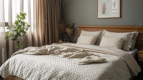 Obraz Patterned Blanket on Wooden Bed in Grey Bedroom: Comforting Bedding and Soft Decor Elements Enhancing the Aesthetic and Relaxation of a Serene Bedroom