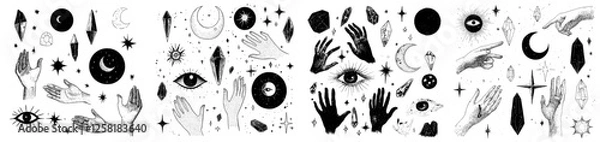 Fototapeta Magical hands: Boho occult magic hand, witch mystical symbol, witchcraft hand-drawn arms with moon and crystal in a modern illustration, icons set