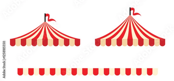 Fototapeta Red circus tent with flags. Awning, canopy and flag sign. Carnival tent. Striped canopy shop. Outdoor sunshade. Attraction with fun show, artists, tame animals performing in a circus theater.  
