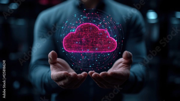 Fototapeta Digital cloud, A detailed 3D image of a businessman holding a hologram, showcasing high fidelity and advanced technology.