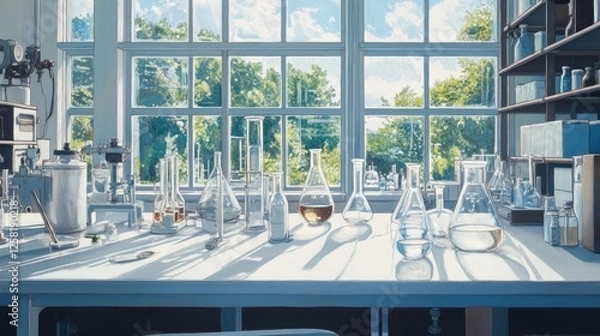 Fototapeta Modern Laboratory Interior with White and Blue Theme, Featuring Advanced Scientific Equipment and Instruments