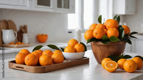 Obraz Oranges on a wooden tray in a bright kitchen