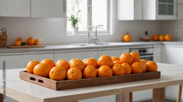 Obraz Oranges on a wooden tray in a bright kitchen