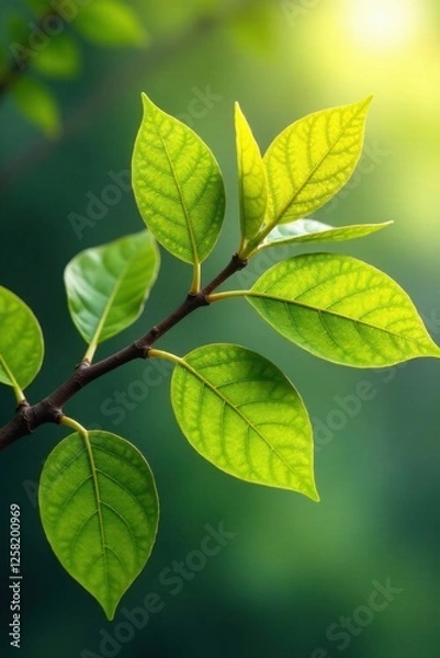 Fototapeta Close-up of a tree branch with leaves connected by thin lines, representing family ties, , nature, branches