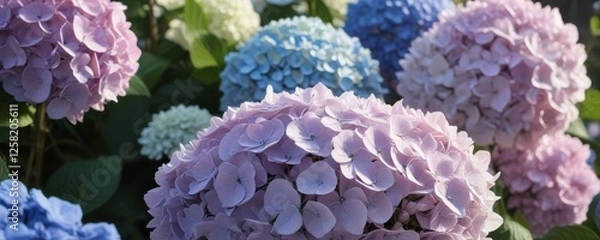Fototapeta Close-up of hydrangeas and other garden flowers, showcasing delicate petals and textures , natural, bloom, petal