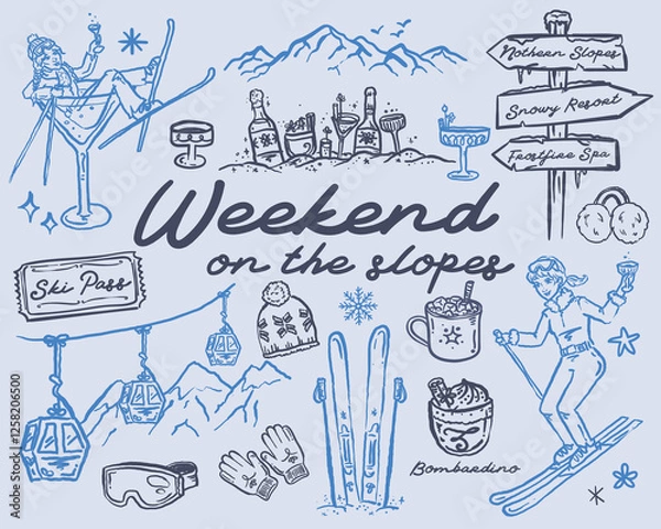 Fototapeta Après-ski - Whimsical hand drawn illustration set, vector collection